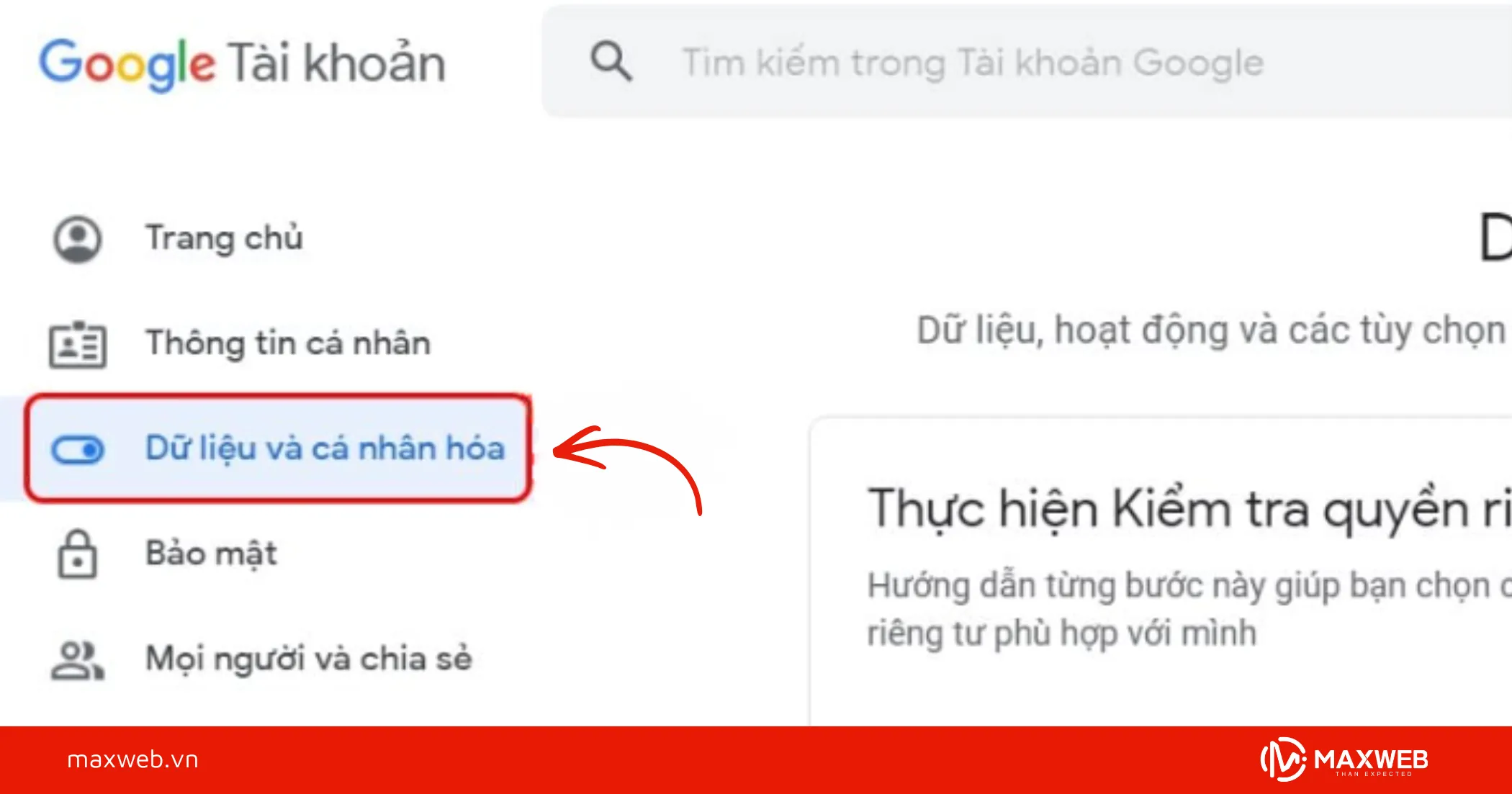 Bước 2: Truy cập mục Dữ liệu và quyền riêng tư