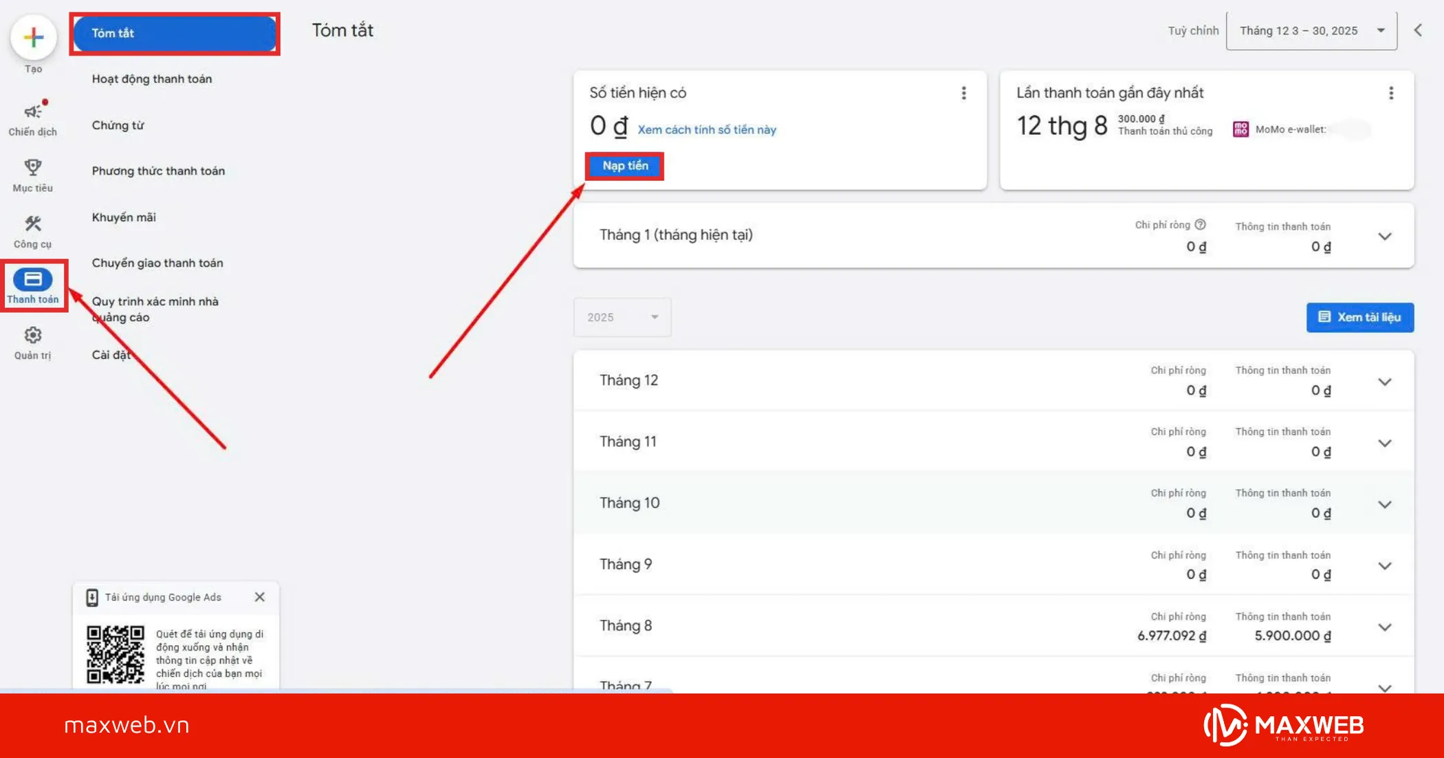 Bước 1: Truy cập tài khoản Google Ads và mục Thanh toán