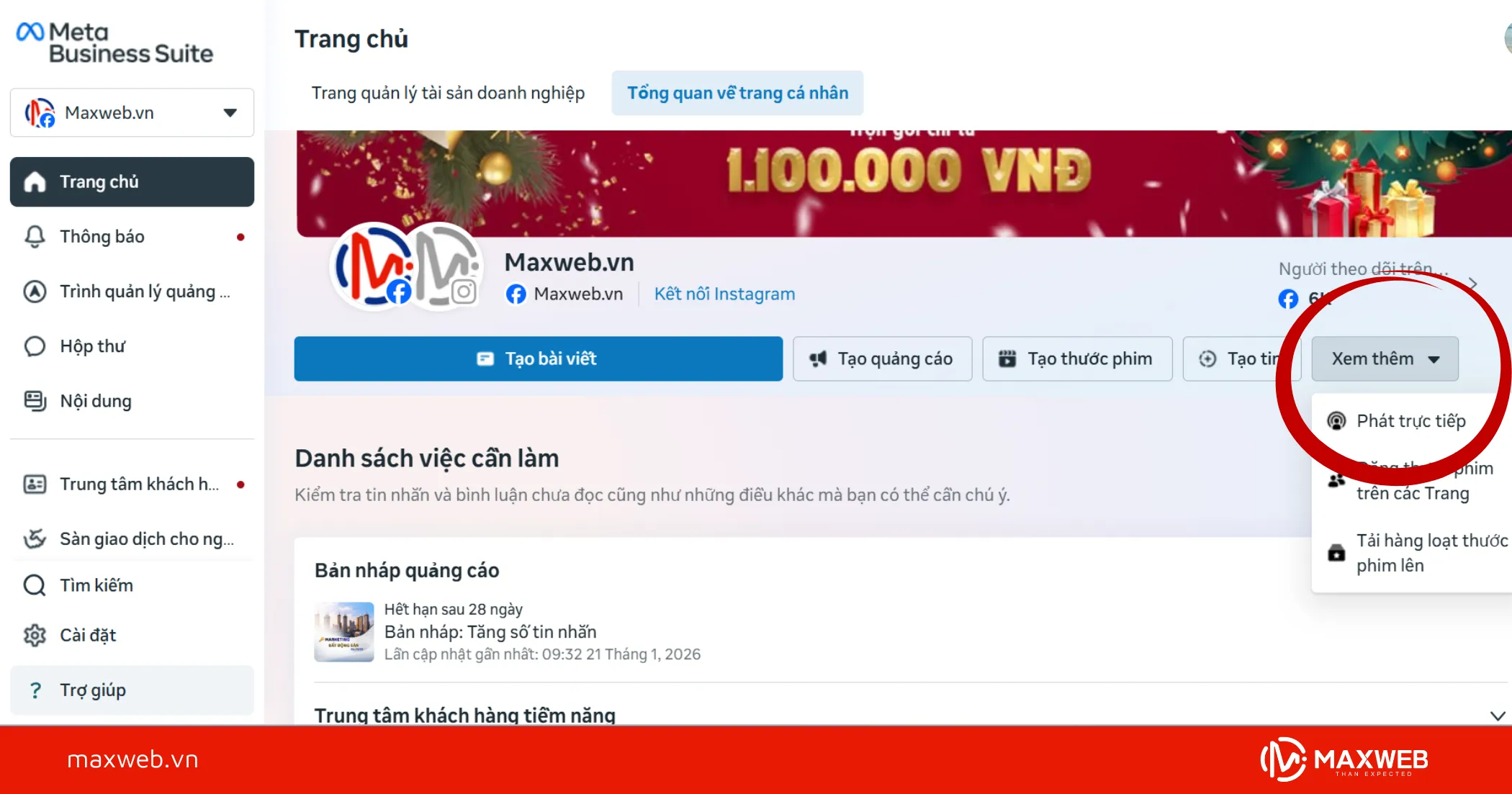 Bước 1: Vào Fanpage và tạo livestream