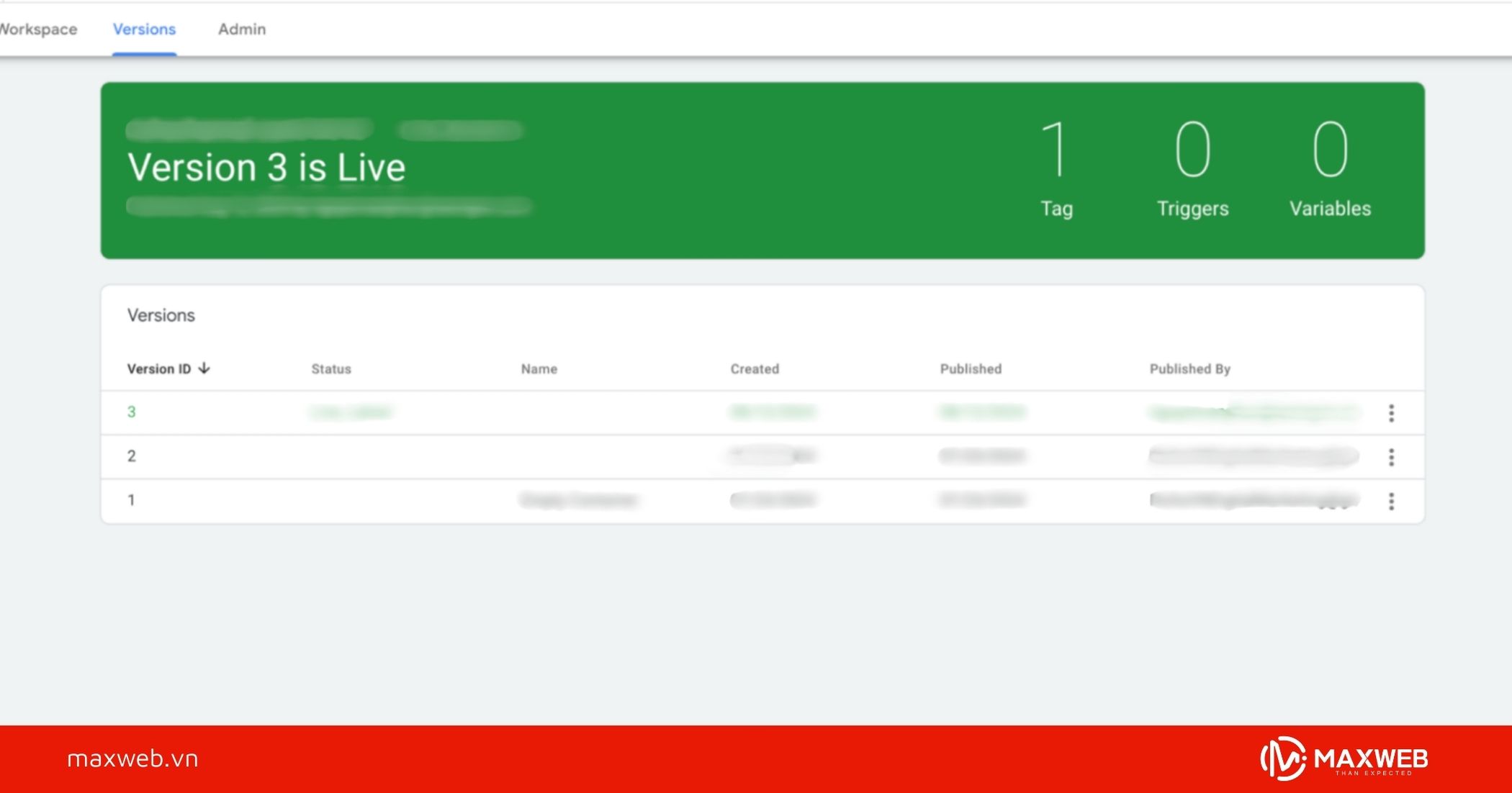 Mục Versions cho phép xem lịch sử của các lần xuất bản