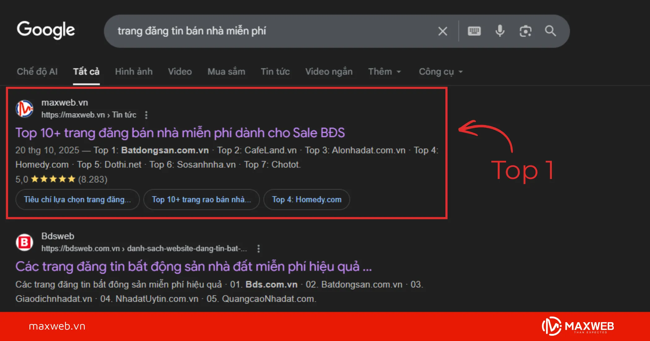 Vị trí hiển thị trên trang tìm kiếm