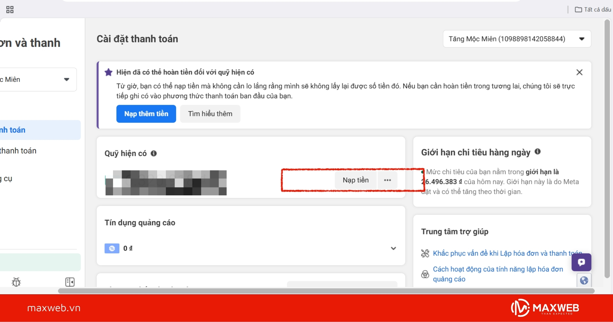 Chọn nạp tiền hoặc số tiền cần thanh toán