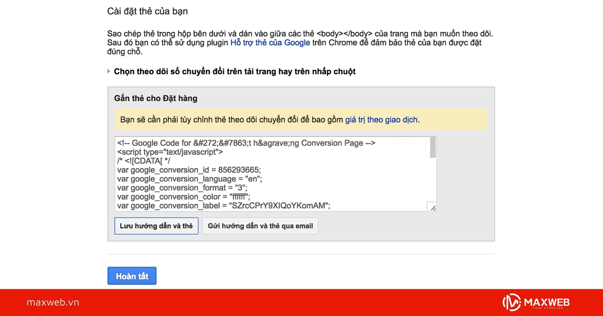Bước 3: Cài đặt mã theo dõi chuyển đổi lên website