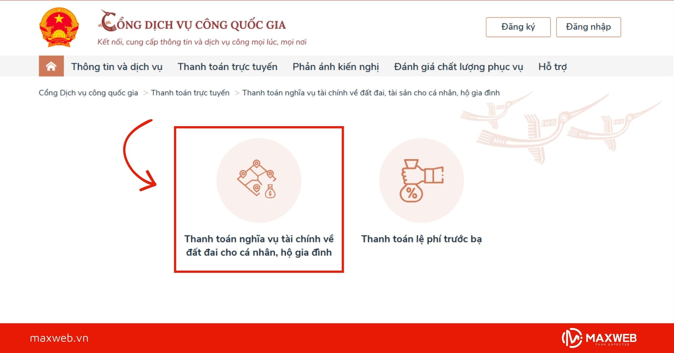 Bước 3: Chọn mục Thanh toán nghĩa vụ tài chính đất đai