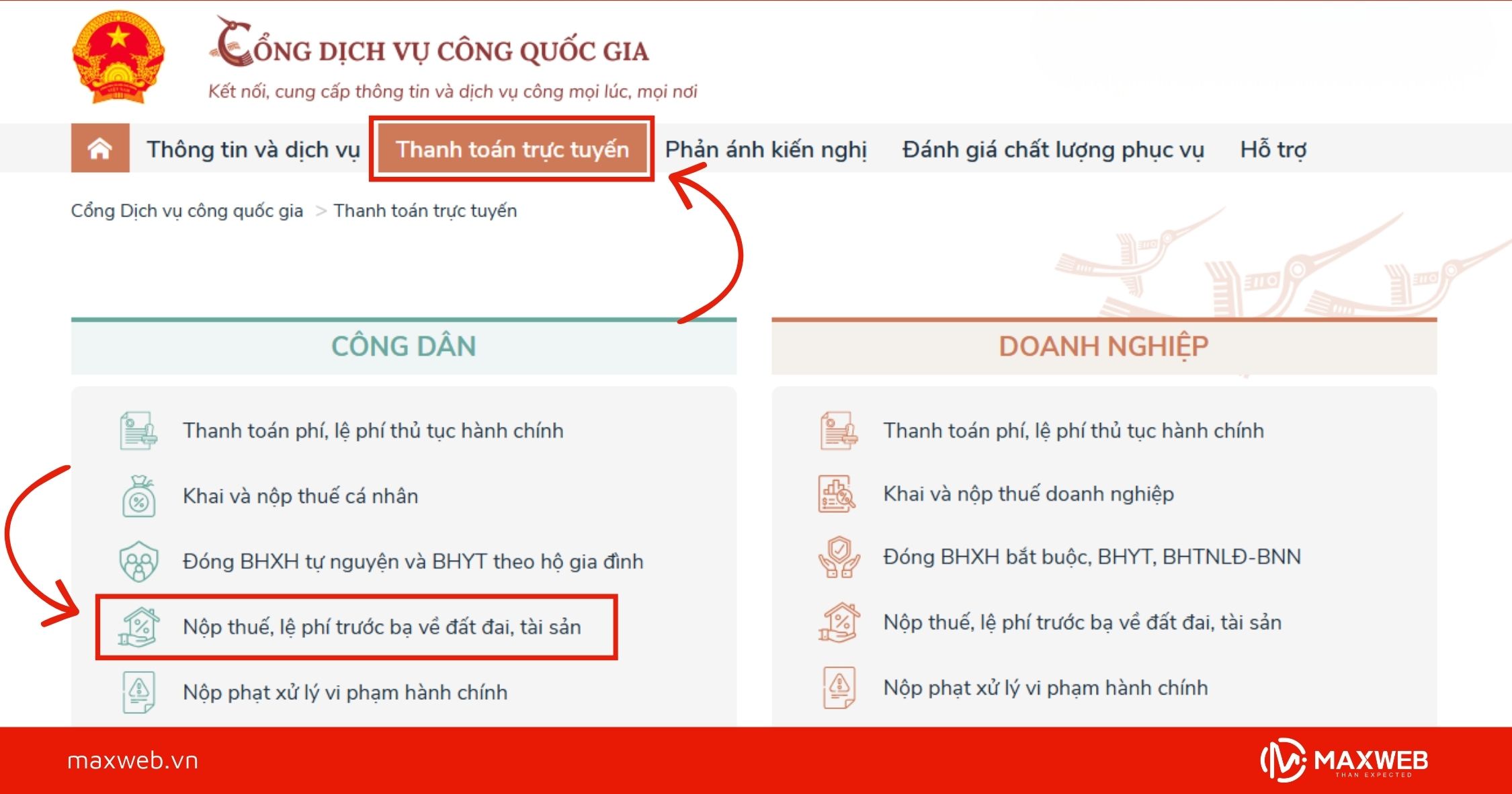 Bước 3: Chọn mục Thanh toán nghĩa vụ tài chính đất đai