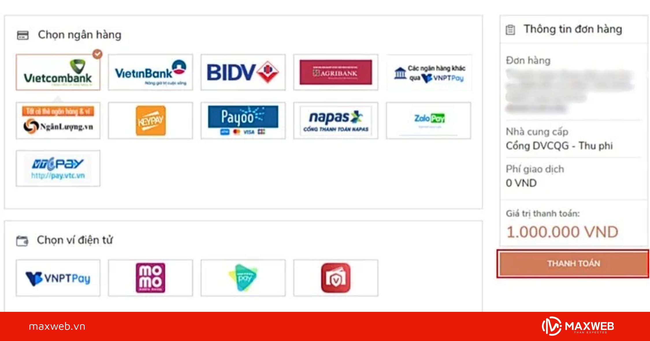 Bước 6: Chọn ngân hàng hoặc ví điện tử để hoàn tất giao dịch