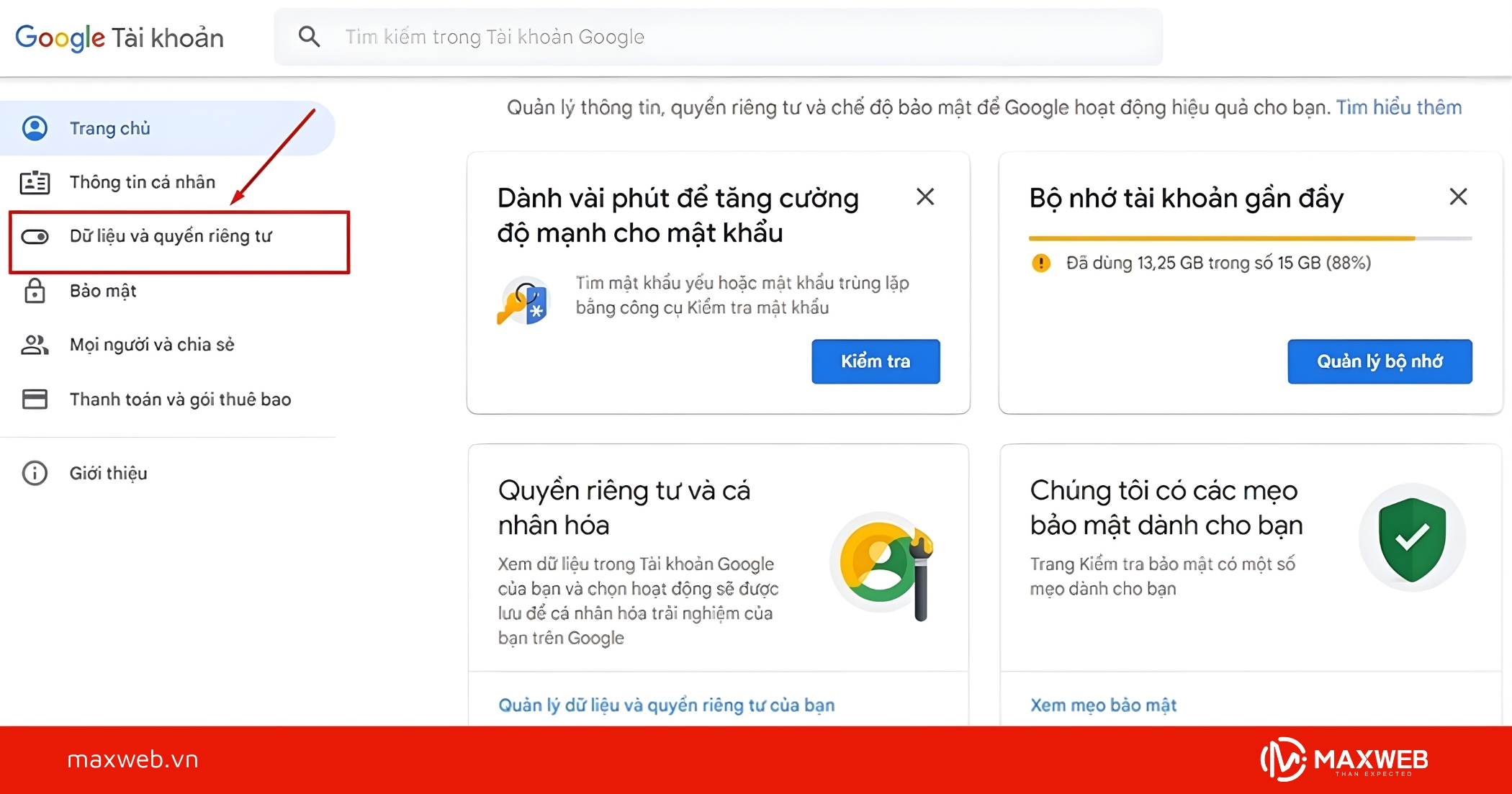 Chọn mục Dữ liệu và quyền riêng tư