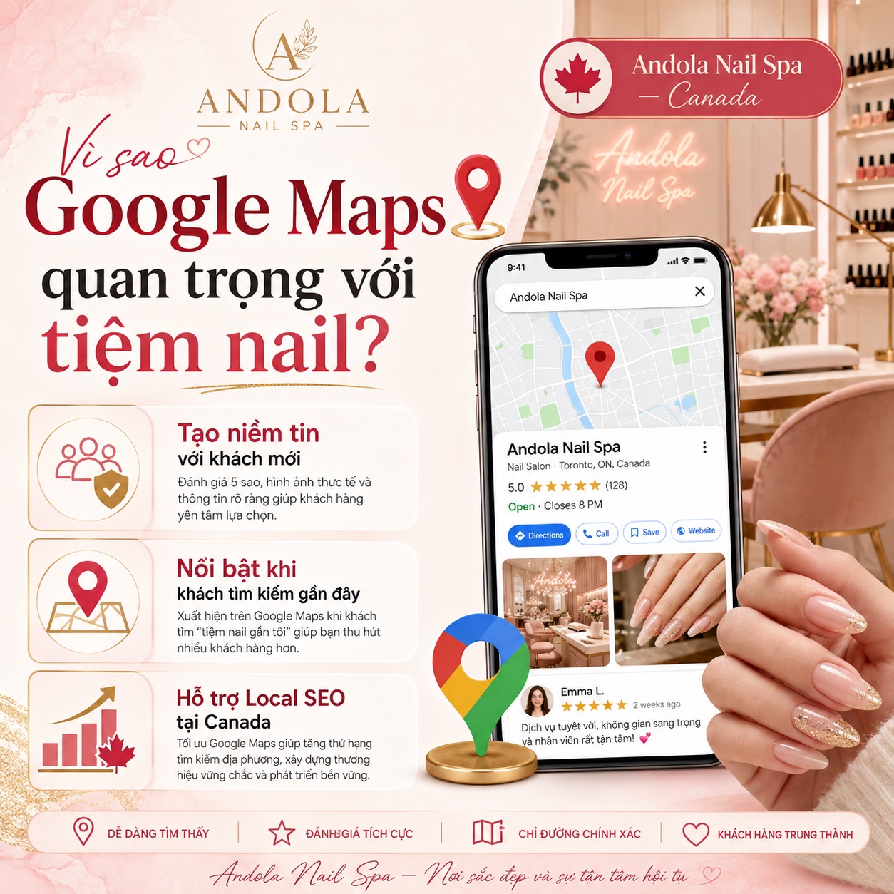 Dịch vụ tăng đánh giá Google Maps Canada cho tiệm nail – Andola nail spa